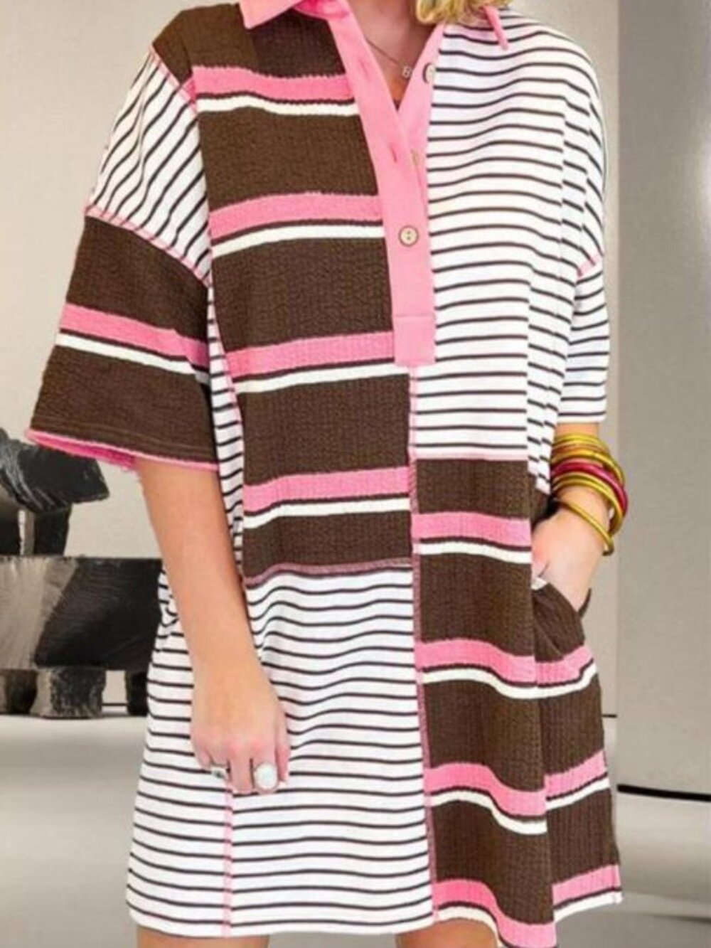Fantastic Fawn Pink, Brown & White Striped Polo Dress size M